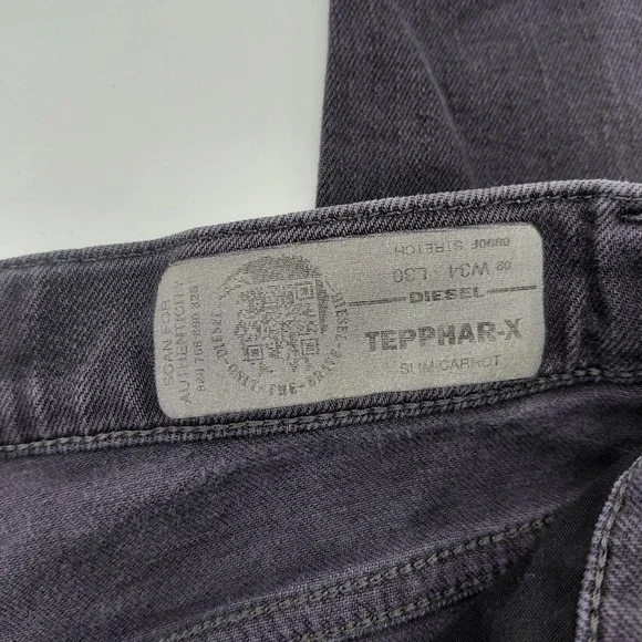 Diesel Tepphar-X Jeans Mens 34 x 30 Black Slim Carrot Selvedge Distressed Grunge